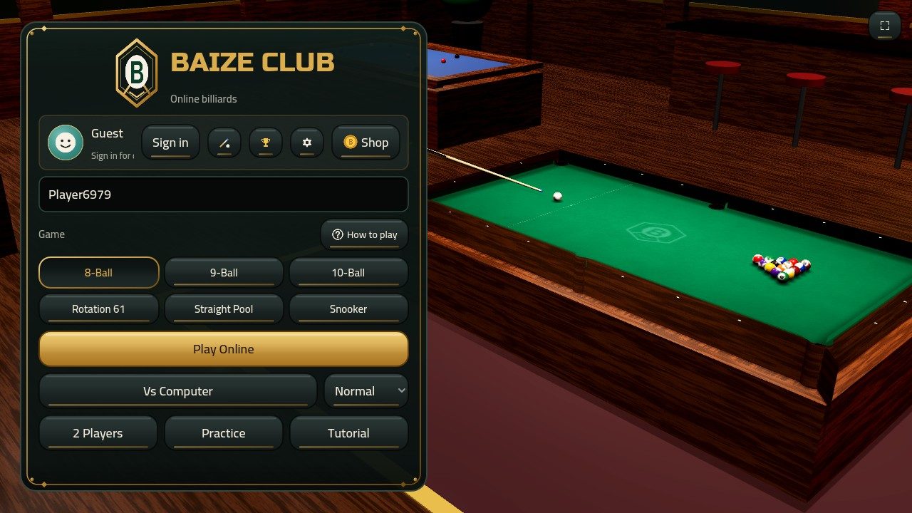 Baize Club main menu with a 3D pool table