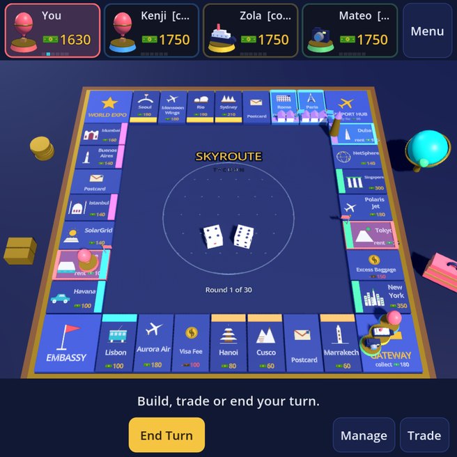The 3D world board in SkyRoute Tycoon