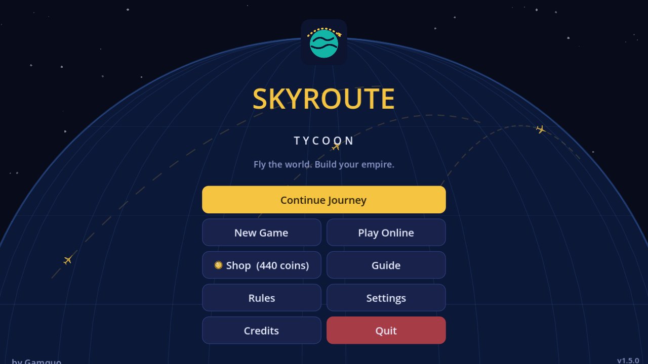 SkyRoute Tycoon main menu over a globe